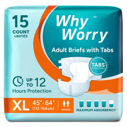 WhyWorry Erwachsenenwindeln mit Klebetabs, Einweg-Inkontinenzhosen für Frauen & Männer mit maximaler Saugfähigkeit, Inkontinenzslips für die Nacht, Geruchskontrolle, Unisex, X-Large, 15 Stück