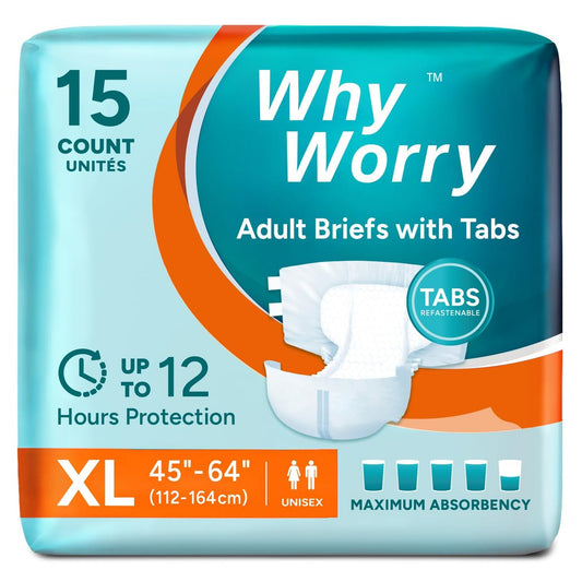 WhyWorry Erwachsenenwindeln mit Klebetabs, Einweg-Inkontinenzhosen für Frauen & Männer mit maximaler Saugfähigkeit, Inkontinenzslips für die Nacht, Geruchskontrolle, Unisex, X-Large, 15 Stück