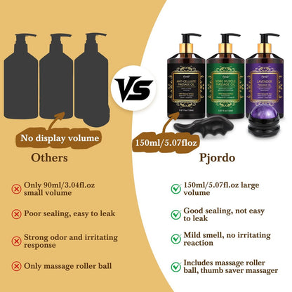 Pjordo 3er-Pack Massageöl für Massagetherapie, Lavendelöl zur Entspannung, Arnikaöl gegen Muskelkater & Cellulite-Massageöl, mit Massageroller & Daumenschoner, Massage-Set für Ihn und Sie
