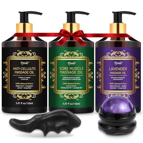 Pjordo 3er-Pack Massageöl für Massagetherapie, Lavendelöl zur Entspannung, Arnikaöl gegen Muskelkater & Cellulite-Massageöl, mit Massageroller & Daumenschoner, Massage-Set für Ihn und Sie
