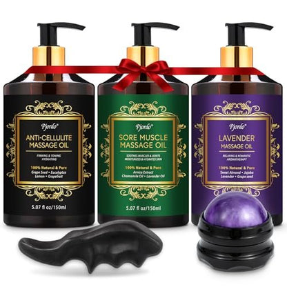 Pjordo 3er-Pack Massageöl für Massagetherapie, Lavendelöl zur Entspannung, Arnikaöl gegen Muskelkater & Cellulite-Massageöl, mit Massageroller & Daumenschoner, Massage-Set für Ihn und Sie