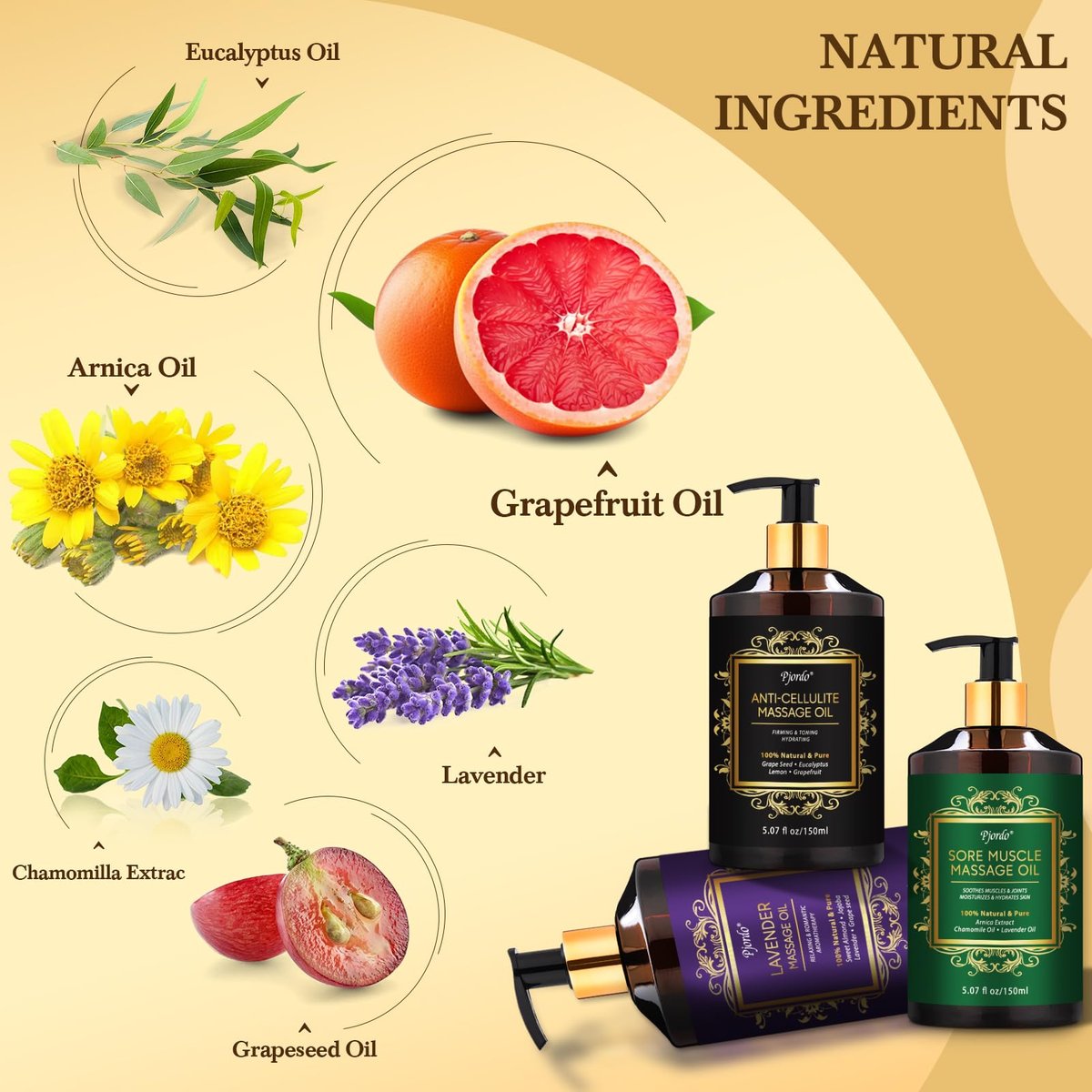 Pjordo 3er-Pack Massageöl für Massagetherapie, Lavendelöl zur Entspannung, Arnikaöl gegen Muskelkater & Cellulite-Massageöl, mit Massageroller & Daumenschoner, Massage-Set für Ihn und Sie