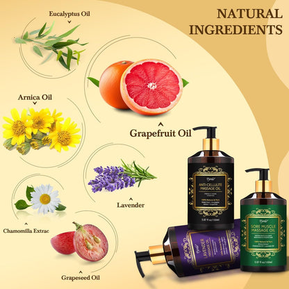 Pjordo 3er-Pack Massageöl für Massagetherapie, Lavendelöl zur Entspannung, Arnikaöl gegen Muskelkater & Cellulite-Massageöl, mit Massageroller & Daumenschoner, Massage-Set für Ihn und Sie