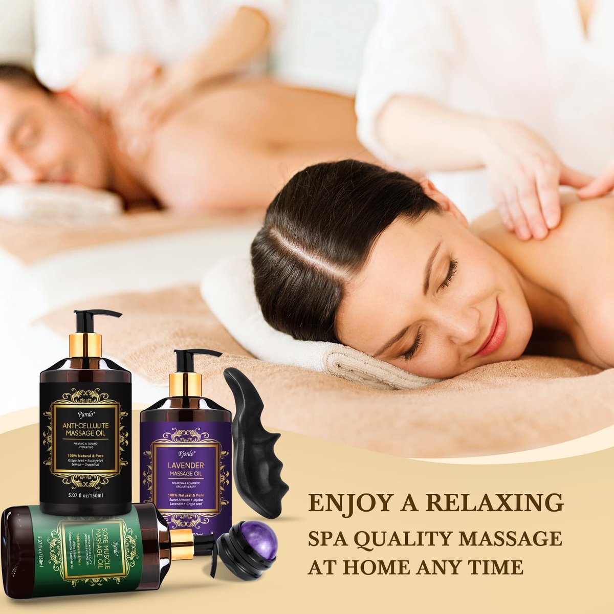 Pjordo 3er-Pack Massageöl für Massagetherapie, Lavendelöl zur Entspannung, Arnikaöl gegen Muskelkater & Cellulite-Massageöl, mit Massageroller & Daumenschoner, Massage-Set für Ihn und Sie