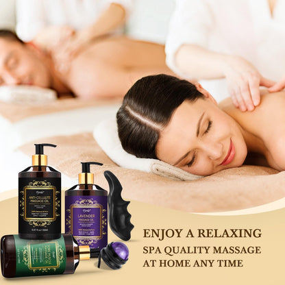 Pjordo 3er-Pack Massageöl für Massagetherapie, Lavendelöl zur Entspannung, Arnikaöl gegen Muskelkater & Cellulite-Massageöl, mit Massageroller & Daumenschoner, Massage-Set für Ihn und Sie