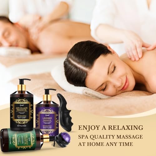 Pjordo 3er-Pack Massageöl für Massagetherapie, Lavendelöl zur Entspannung, Arnikaöl gegen Muskelkater & Cellulite-Massageöl, mit Massageroller & Daumenschoner, Massage-Set für Ihn und Sie