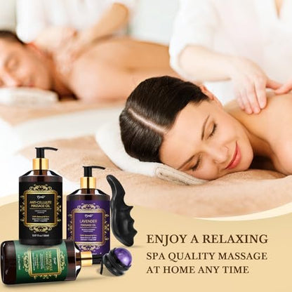 Pjordo 3er-Pack Massageöl für Massagetherapie, Lavendelöl zur Entspannung, Arnikaöl gegen Muskelkater & Cellulite-Massageöl, mit Massageroller & Daumenschoner, Massage-Set für Ihn und Sie