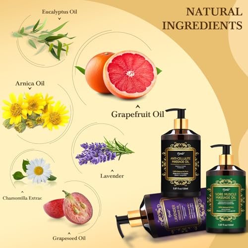 Pjordo 3er-Pack Massageöl für Massagetherapie, Lavendelöl zur Entspannung, Arnikaöl gegen Muskelkater & Cellulite-Massageöl, mit Massageroller & Daumenschoner, Massage-Set für Ihn und Sie