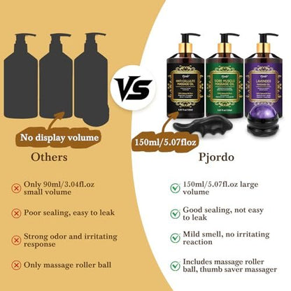 Pjordo 3er-Pack Massageöl für Massagetherapie, Lavendelöl zur Entspannung, Arnikaöl gegen Muskelkater & Cellulite-Massageöl, mit Massageroller & Daumenschoner, Massage-Set für Ihn und Sie