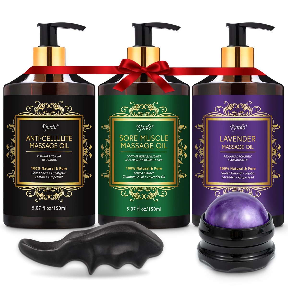 Pjordo 3er-Pack Massageöl für Massagetherapie, Lavendelöl zur Entspannung, Arnikaöl gegen Muskelkater & Cellulite-Massageöl, mit Massageroller & Daumenschoner, Massage-Set für Ihn und Sie