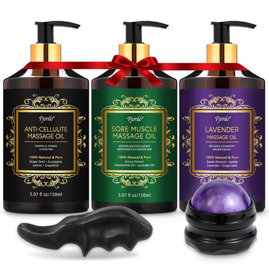 Pjordo 3er-Pack Massageöl für Massagetherapie, Lavendelöl zur Entspannung, Arnikaöl gegen Muskelkater & Cellulite-Massageöl, mit Massageroller & Daumenschoner, Massage-Set für Ihn und Sie
