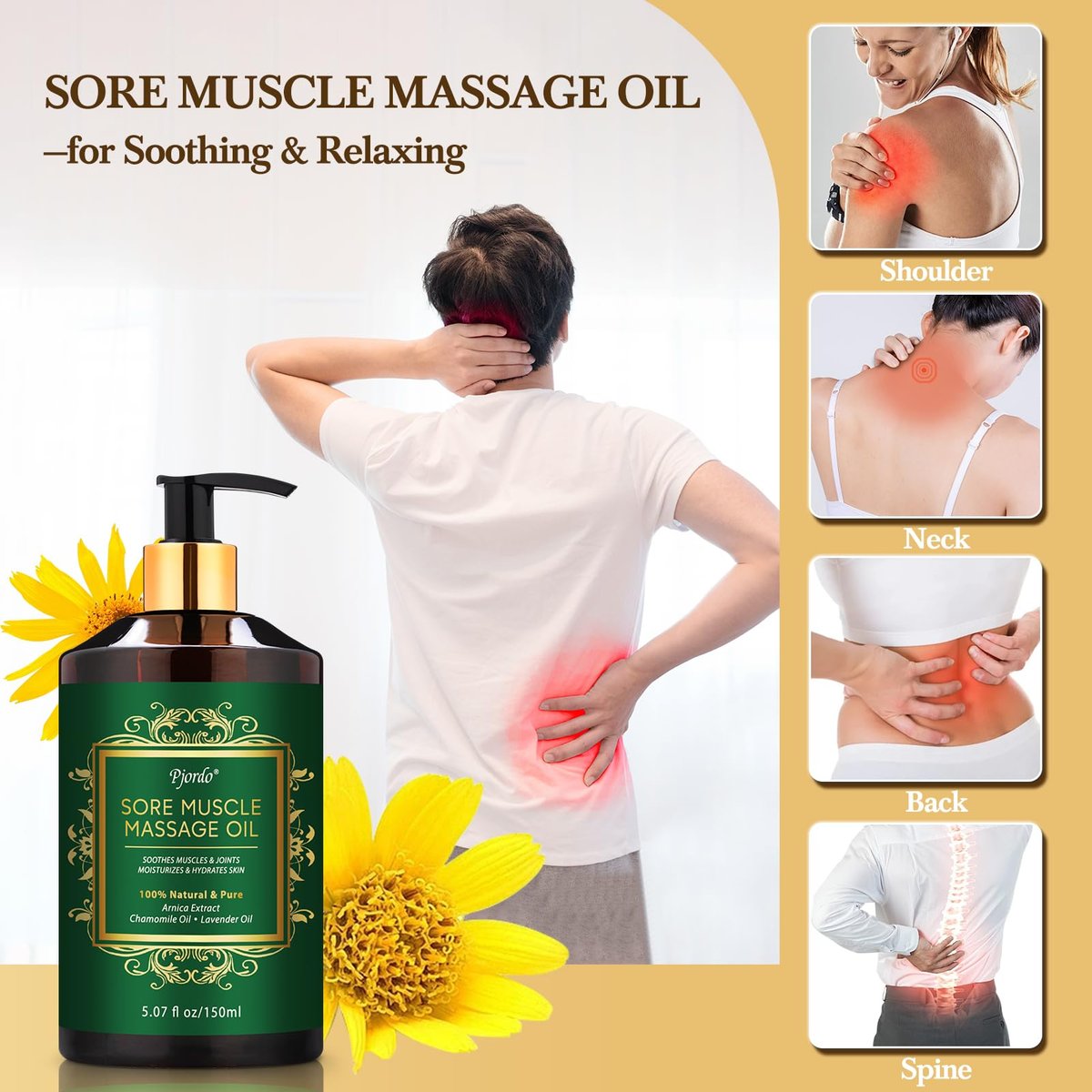 Pjordo 3er-Pack Massageöl für Massagetherapie, Lavendelöl zur Entspannung, Arnikaöl gegen Muskelkater & Cellulite-Massageöl, mit Massageroller & Daumenschoner, Massage-Set für Ihn und Sie