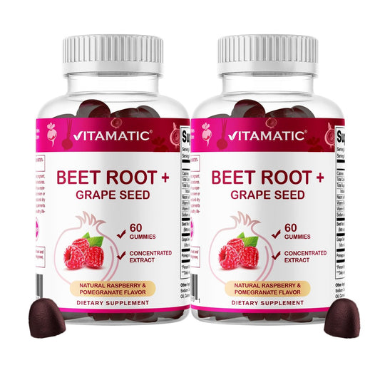 Vitamatic Rote-Bete-Gummis mit B6, B12, Traubenkern, Granatapfel & Nicotinamid – Pflanzlicher Extrakt – Vegan, Nicht-GVO – Nahrungsergänzungsmittel – 60 Stück, 2er-Pack (120 Stück)