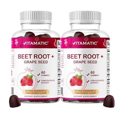 Vitamatic Rote-Bete-Gummis mit B6, B12, Traubenkern, Granatapfel & Nicotinamid – Pflanzlicher Extrakt – Vegan, Nicht-GVO – Nahrungsergänzungsmittel – 60 Stück, 2er-Pack (120 Stück)