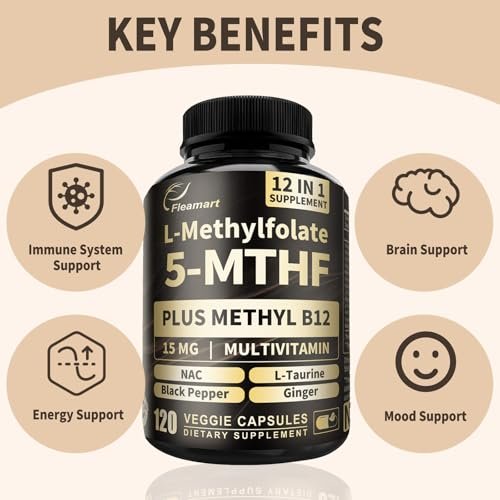 L-Methylfolat 15 mg plus Methyl B12 - Methylierte Vitamine B9 (5-MTHF) & B12 für Gehirngesundheit, Stimmung & Energie - Hochabsorbierbarer 12-in-1 Methylfolat-Komplex - Drittgeprüft (120 vegane Kapseln)