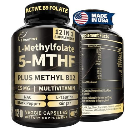 L-Methylfolat 15 mg plus Methyl B12 - Methylierte Vitamine B9 (5-MTHF) & B12 für Gehirngesundheit, Stimmung & Energie - Hochabsorbierbarer 12-in-1 Methylfolat-Komplex - Drittgeprüft (120 vegane Kapseln)