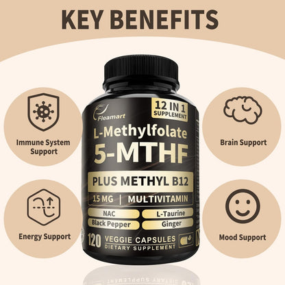 L-Methylfolat 15 mg plus Methyl B12 - Methylierte Vitamine B9 (5-MTHF) & B12 für Gehirngesundheit, Stimmung & Energie - Hochabsorbierbarer 12-in-1 Methylfolat-Komplex - Drittgeprüft (120 vegane Kapseln)