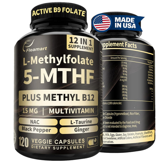 L-Methylfolat 15 mg plus Methyl B12 - Methylierte Vitamine B9 (5-MTHF) & B12 für Gehirngesundheit, Stimmung & Energie - Hochabsorbierbarer 12-in-1 Methylfolat-Komplex - Drittgeprüft (120 vegane Kapseln)