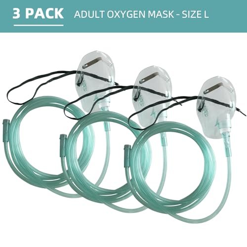 DWCHECK 3er-Pack Sauerstoffmaske für Erwachsene mit 7 Fuß Schlauch, verstellbarem elastischem Band, DEHP-frei und latexfrei – Erwachsene Standardgröße L, Grün