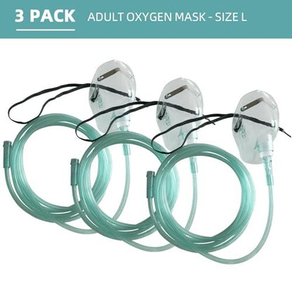 DWCHECK 3er-Pack Sauerstoffmaske für Erwachsene mit 7 Fuß Schlauch, verstellbarem elastischem Band, DEHP-frei und latexfrei – Erwachsene Standardgröße L, Grün