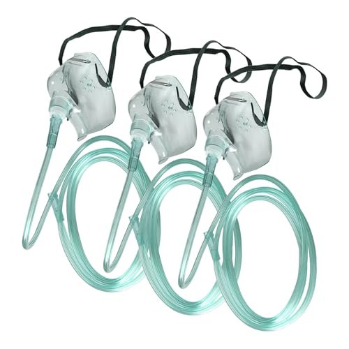 DWCHECK 3er-Pack Sauerstoffmaske für Erwachsene mit 7 Fuß Schlauch, verstellbarem elastischem Band, DEHP-frei und latexfrei – Erwachsene Standardgröße L, Grün
