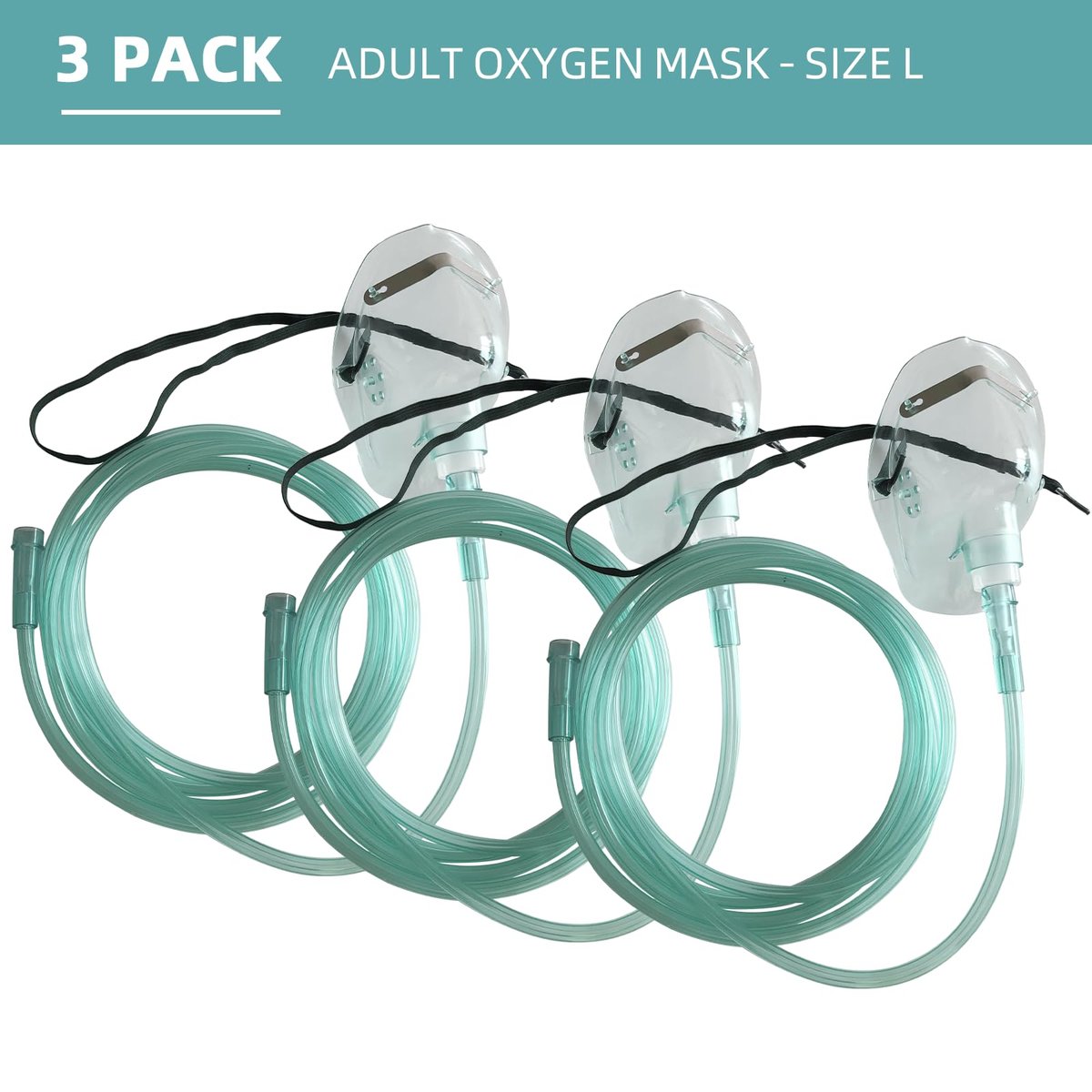 DWCHECK 3er-Pack Sauerstoffmaske für Erwachsene mit 7 Fuß Schlauch, verstellbarem elastischem Band, DEHP-frei und latexfrei – Erwachsene Standardgröße L, Grün