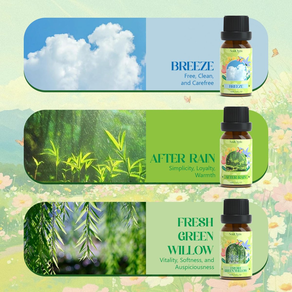 Soulorigin Frühlingsduft-Öle Set, Geschenkset mit ätherischen Ölen für Diffuser, Frühlingsduft für Zuhause, Freesie, Brise, Frische Weide, Frisch geschnittenes Gras, Jasmin, Nach dem Regen