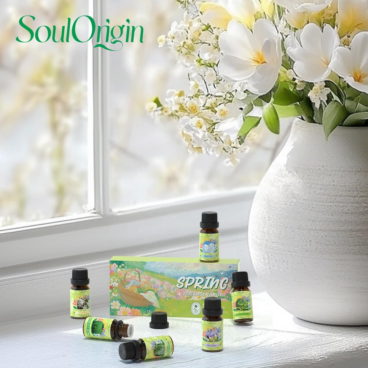 Soulorigin Frühlingsduft-Öle Set, Geschenkset mit ätherischen Ölen für Diffuser, Frühlingsduft für Zuhause, Freesie, Brise, Frische Weide, Frisch geschnittenes Gras, Jasmin, Nach dem Regen