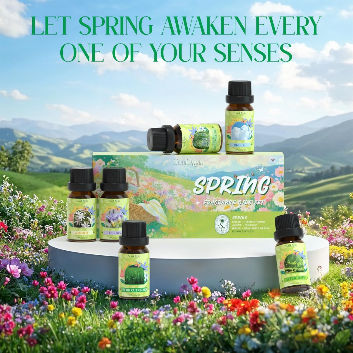 Soulorigin Frühlingsduft-Öle Set, Geschenkset mit ätherischen Ölen für Diffuser, Frühlingsduft für Zuhause, Freesie, Brise, Frische Weide, Frisch geschnittenes Gras, Jasmin, Nach dem Regen