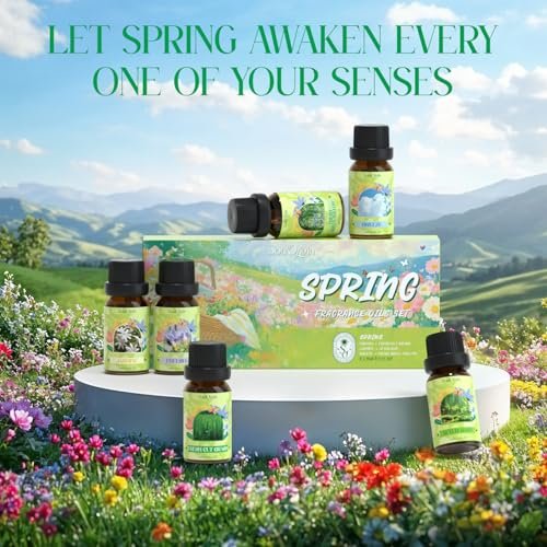 Soulorigin Frühlingsduft-Öle Set, Geschenkset mit ätherischen Ölen für Diffuser, Frühlingsduft für Zuhause, Freesie, Brise, Frische Weide, Frisch geschnittenes Gras, Jasmin, Nach dem Regen