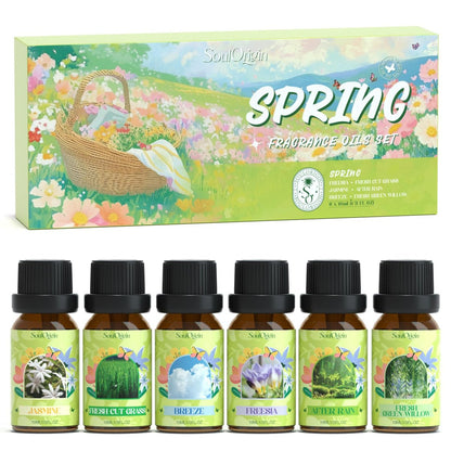 Soulorigin Frühlingsduft-Öle Set, Geschenkset mit ätherischen Ölen für Diffuser, Frühlingsduft für Zuhause, Freesie, Brise, Frische Weide, Frisch geschnittenes Gras, Jasmin, Nach dem Regen