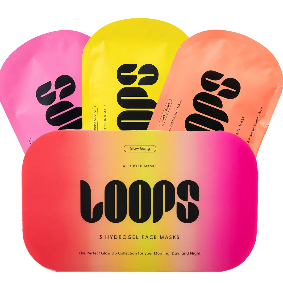 LOOPS Glow Gang Korean Face Mask Set – Weekly Reset, Double Take & Sunrise Service – 3er-Pack für hydratisierte und verfeinerte Haut – geeignet für empfindliche Haut