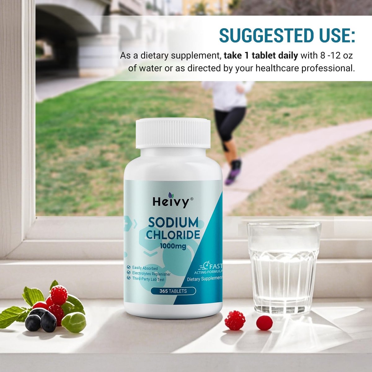 Heivy Natriumchlorid-Tabletten 1000 mg - Reine Salztabletten, 365 Tabletten, Nicht-GVO - Elektrolytgleichgewicht & Hydratationsunterstützung, Elektrolyt-Ergänzung