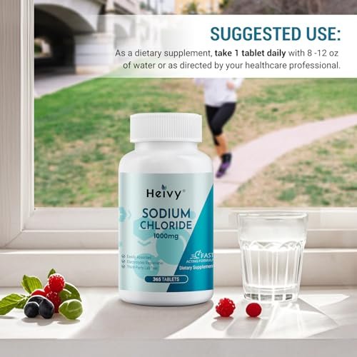 Heivy Natriumchlorid-Tabletten 1000 mg - Reine Salztabletten, 365 Tabletten, Nicht-GVO - Elektrolytgleichgewicht & Hydratationsunterstützung, Elektrolyt-Ergänzung
