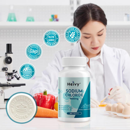 Heivy Natriumchlorid-Tabletten 1000 mg - Reine Salztabletten, 365 Tabletten, Nicht-GVO - Elektrolytgleichgewicht & Hydratationsunterstützung, Elektrolyt-Ergänzung