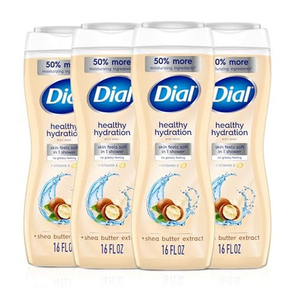 Dial Körpermilch-Dusche, Gesunde Feuchtigkeitspflege, Sheabutter-Extrakt + Vitamin E, 16 fl oz (4er-Pack), Sanft, Hinterlässt die Haut nach einer Dusche weich, Dermatologisch getestet, Ohne Parabene & Silikone