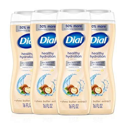 Dial Körpermilch-Dusche, Gesunde Feuchtigkeitspflege, Sheabutter-Extrakt + Vitamin E, 16 fl oz (4er-Pack), Sanft, Hinterlässt die Haut nach einer Dusche weich, Dermatologisch getestet, Ohne Parabene & Silikone