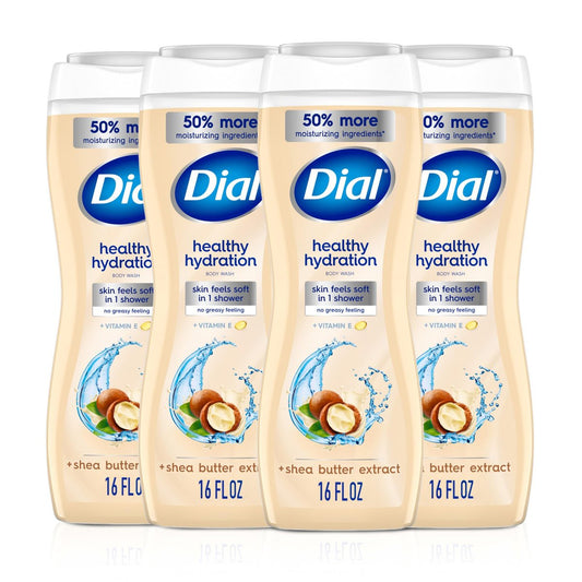 Dial Körpermilch-Dusche, Gesunde Feuchtigkeitspflege, Sheabutter-Extrakt + Vitamin E, 16 fl oz (4er-Pack), Sanft, Hinterlässt die Haut nach einer Dusche weich, Dermatologisch getestet, Ohne Parabene & Silikone