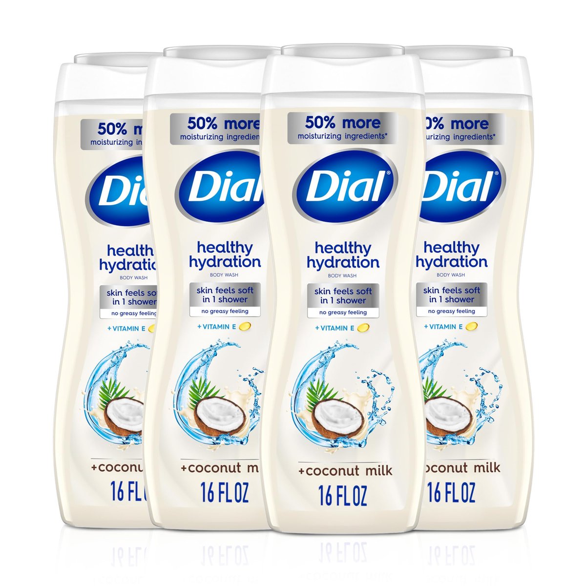 Dial Duschgel, Gesunde Feuchtigkeitspflege, Kokosmilch + Vitamin E, 16 fl oz (4er-Pack), Sanft, Hinterlässt die Haut bereits nach einer Dusche weich, Dermatologisch getestet, Ohne Parabene & Silikone