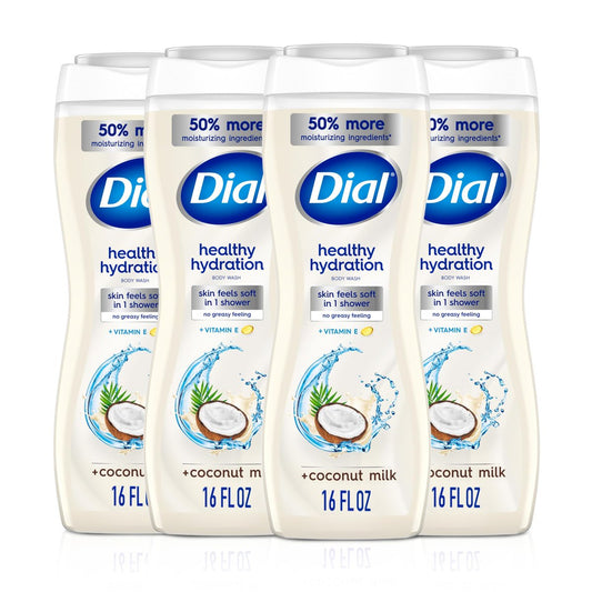 Dial Duschgel, Gesunde Feuchtigkeitspflege, Kokosmilch + Vitamin E, 16 fl oz (4er-Pack), Sanft, Hinterlässt die Haut bereits nach einer Dusche weich, Dermatologisch getestet, Ohne Parabene & Silikone