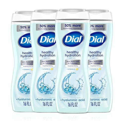 Dial Duschgel, Gesunde Feuchtigkeitspflege, Hyaluronsäure + Vitamin E, 16 fl oz (4er-Pack), Sanft, Hinterlässt die Haut nach einer Dusche weich, Dermatologisch getestet, Ohne Parabene & Silikone