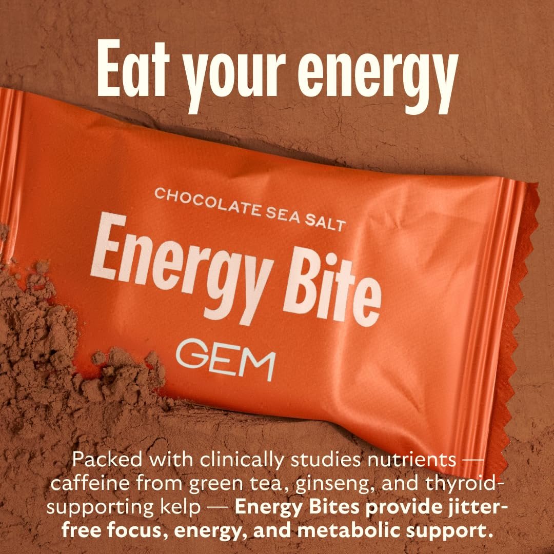 GEM Energy Caffeinated Chocolate Bite | Holistische, anhaltende Energie | Unterstützt Stoffwechsel, Ausdauer & Durchhaltevermögen | 40 mg Koffein, Ginsengwurzel, L-Theanin | Schokolade Kakao Meersalz | 7 Portionen