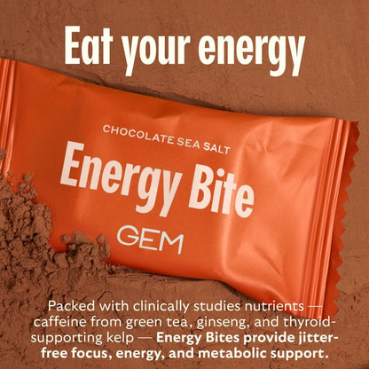 GEM Energy Caffeinated Chocolate Bite | Holistische, anhaltende Energie | Unterstützt Stoffwechsel, Ausdauer & Durchhaltevermögen | 40 mg Koffein, Ginsengwurzel, L-Theanin | Schokolade Kakao Meersalz | 7 Portionen
