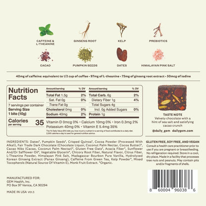 GEM Energy Caffeinated Chocolate Bite | Holistische, anhaltende Energie | Unterstützt Stoffwechsel, Ausdauer & Durchhaltevermögen | 40 mg Koffein, Ginsengwurzel, L-Theanin | Schokolade Kakao Meersalz | 7 Portionen