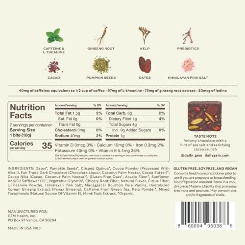GEM Energy Caffeinated Chocolate Bite | Holistische, anhaltende Energie | Unterstützt Stoffwechsel, Ausdauer & Durchhaltevermögen | 40 mg Koffein, Ginsengwurzel, L-Theanin | Schokolade Kakao Meersalz | 7 Portionen