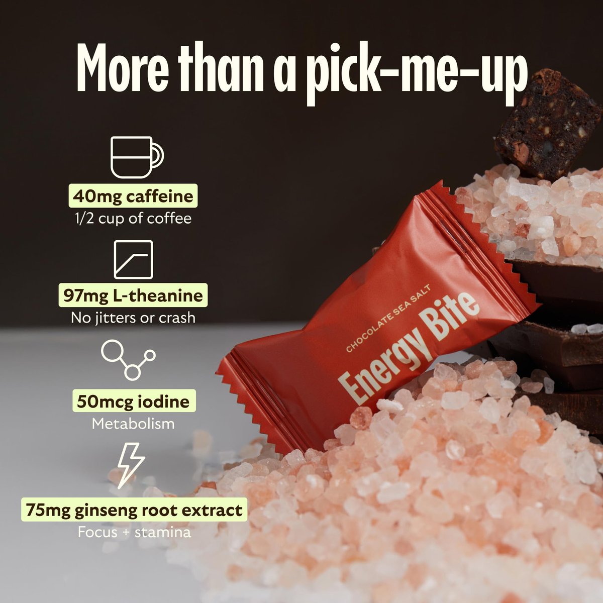 GEM Energy Caffeinated Chocolate Bite | Holistische, anhaltende Energie | Unterstützt Stoffwechsel, Ausdauer & Durchhaltevermögen | 40 mg Koffein, Ginsengwurzel, L-Theanin | Schokolade Kakao Meersalz | 7 Portionen