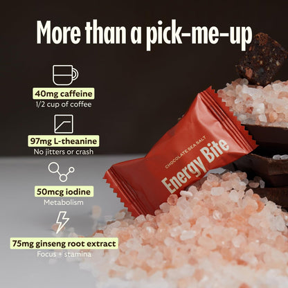 GEM Energy Caffeinated Chocolate Bite | Holistische, anhaltende Energie | Unterstützt Stoffwechsel, Ausdauer & Durchhaltevermögen | 40 mg Koffein, Ginsengwurzel, L-Theanin | Schokolade Kakao Meersalz | 7 Portionen