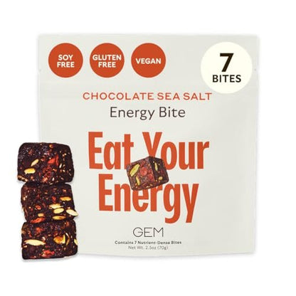 GEM Energy Caffeinated Chocolate Bite | Holistische, anhaltende Energie | Unterstützt Stoffwechsel, Ausdauer & Durchhaltevermögen | 40 mg Koffein, Ginsengwurzel, L-Theanin | Schokolade Kakao Meersalz | 7 Portionen