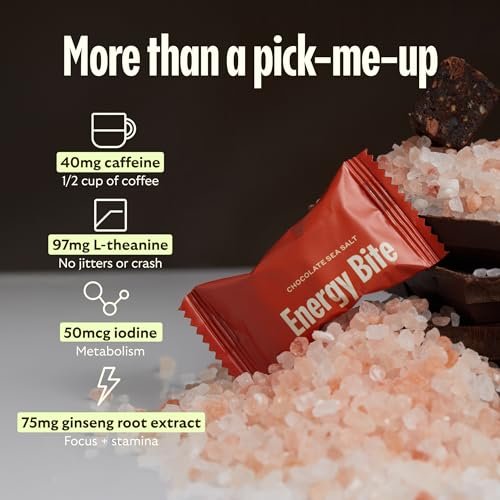 GEM Energy Caffeinated Chocolate Bite | Holistische, anhaltende Energie | Unterstützt Stoffwechsel, Ausdauer & Durchhaltevermögen | 40 mg Koffein, Ginsengwurzel, L-Theanin | Schokolade Kakao Meersalz | 7 Portionen