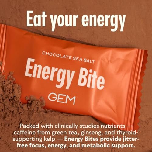 GEM Energy Caffeinated Chocolate Bite | Holistische, anhaltende Energie | Unterstützt Stoffwechsel, Ausdauer & Durchhaltevermögen | 40 mg Koffein, Ginsengwurzel, L-Theanin | Schokolade Kakao Meersalz | 7 Portionen
